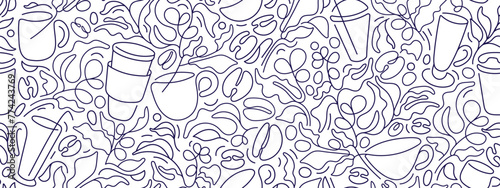 Coffee plantation, cups. Line art seamless pattern