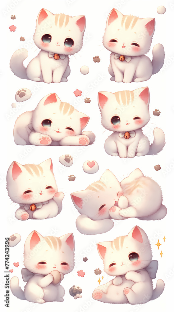 Set of cute cartoon white cat with different emotions. Vector illustration. Set of cute cartoon white cat with different emotions. Vector illustration.