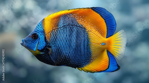  A tight shot of a blue-yellow fish against a backdrop of blue and white Background includes a hazy, blurred sky
