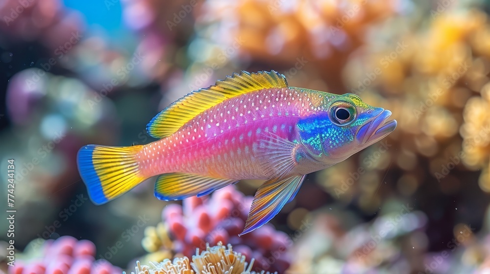 A tight shot of a fish amidst corals, surrounded by seaweed and additional corals in the depths A tight shot of a fish amidst corals, surrounded by seaweed and additional corals in the depths