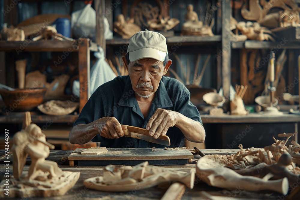 Asian wood carver in the workshop, craftsman. Asian wood carver in the workshop, craftsman.
