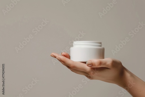 Woman's hand holding white cream mockup with space for text, logo or inscriptions