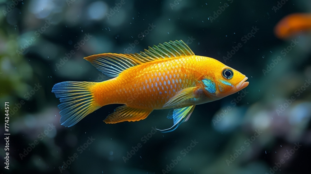   A goldfish in focus, swimming against an aquarium backdrop of various fish and water, contrasted by a black background