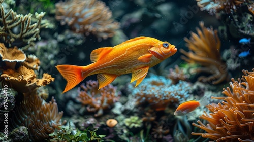   A tight shot of a fish swimming in an aquarium, surrounded by corals and sea anemones in the foreground © Jevjenijs