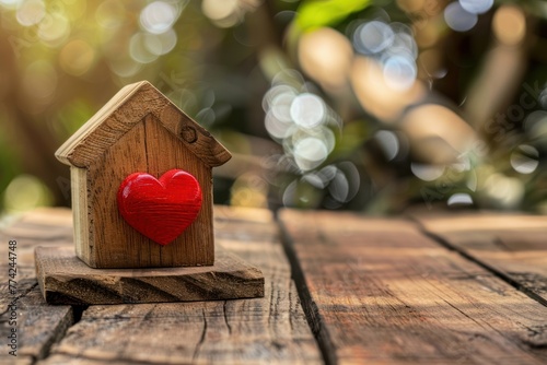 Wooden house with red heart shape on empty wooden table, new house concept