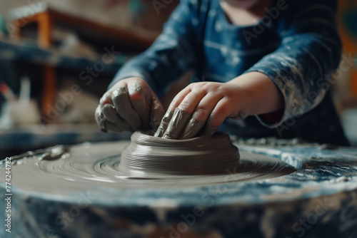 Close up hand of kid making vase with clay on a turntable in the workshop. photo