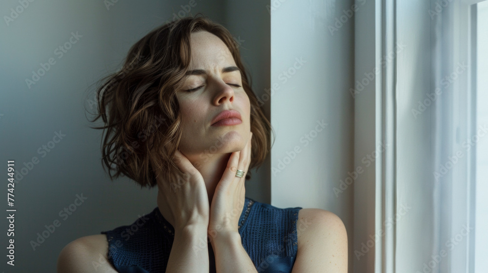Caucasian Woman Suffering from Neck Pain, Close-Up in Bright Room Caucasian Woman Suffering from Neck Pain, Close-Up in Bright Room