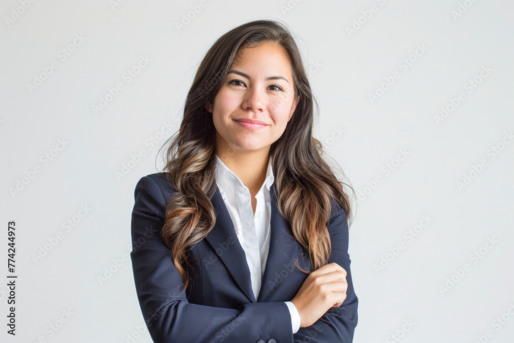 Confident Latina Businesswoman in Navy Blue Suit, Smiling with Folded Hands, White Background Confident Latina Businesswoman in Navy Blue Suit, Smiling with Folded Hands, White Background