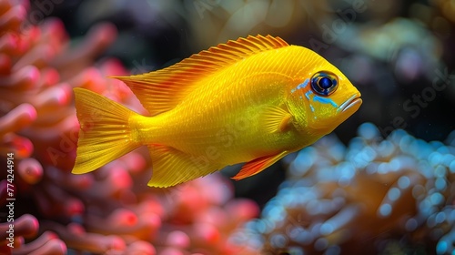  A tight shot of a yellow fish near coral, anemones in both foreground and background
