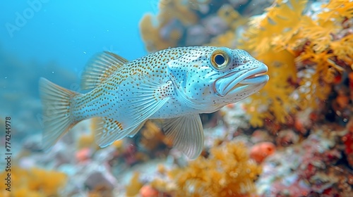  A tight shot of a fish against a coral backdrop, with seaweed in the foreground and a blue sky overhead