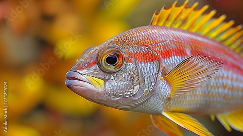   A fish with yellow and red stripes in sharp focus, contrasting against a blurred background © Jevjenijs
