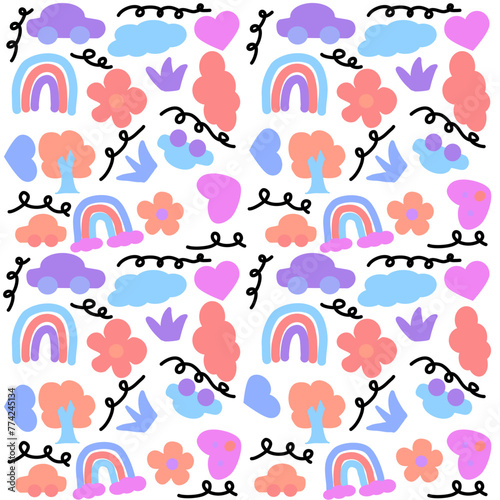 Cute doodle pattern in the shape of stars, clouds, and flowers. Can be used to create a variety of works