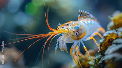   A tight shot of a fish swimming near a submerged plant, surrounded by other aquatic vegetation in the background and clear water in the foreground