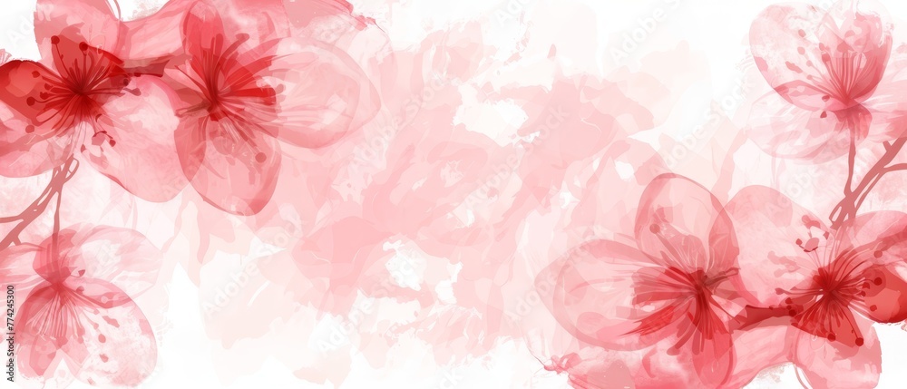 Pink flowers against a white backdrop, with red strokes at the bottom Pink flowers against a white backdrop, with red strokes at the bottom