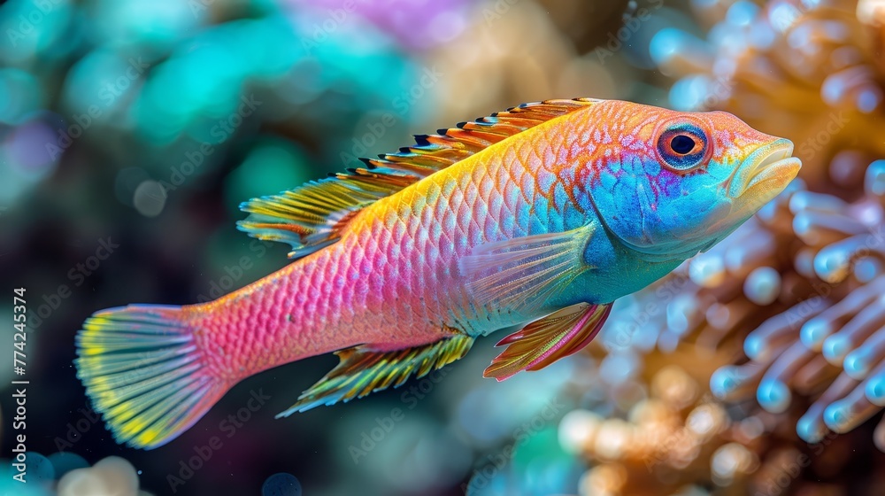 A tight shot of a vividly colored fish swimming in an aquarium, featuring corals and various marine life in the front A tight shot of a vividly colored fish swimming in an aquarium, featuring corals and various marine life in the front