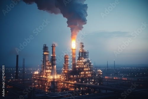 Burning flame and air pollution from oil refinery with tower and pipeline.