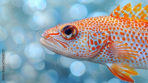  A tight shot of an orange-white fish with distinct spots dotting its body against a blurred backdrop