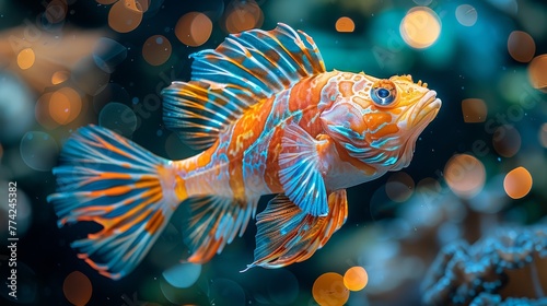   A tight shot of a blue-orange fish  background lit by blurred  hazy lights