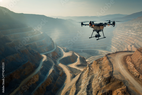 Engineer and team survey using remote control drone and discussion at copper mine, copper mine worker open pit mine surveying, behind worker, morning light. photo