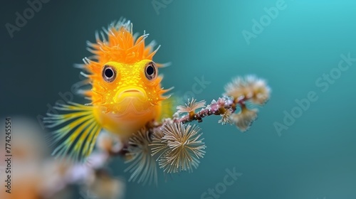   A narrow focus on a tiny yellow fish perched on a branch against a softly blurred background, featuring a vast expanse of blue sky