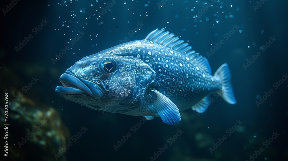   A tight shot of a fish beneath water's surface, surrounded by numerous bubbles