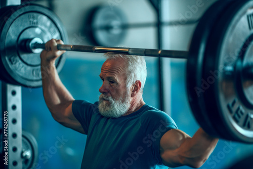 elderly man lifting up barbell in fitness gym, weight training photo