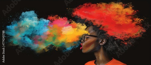  Woman's profile with colored smoke emanating from head against black backdrop