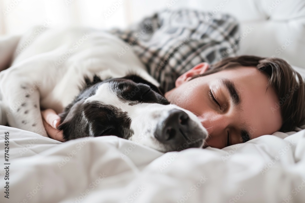 Young man and dog sleeping together in white bed at home Young man and dog sleeping together in white bed at home