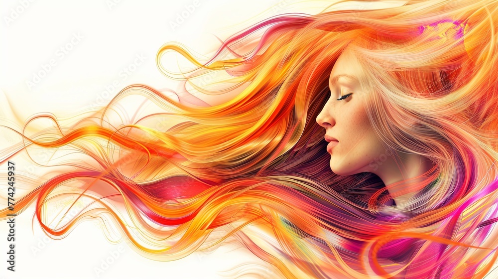 Contemporary hairdressing art, stylistic display of long hair artistry on white background. Contemporary hairdressing art, stylistic display of long hair artistry on white background.