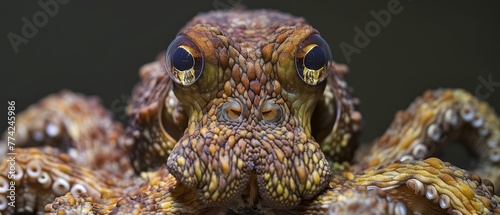  A tight shot of an octopus's face, displaying yellow and brown stripes, and its expressive eyes
