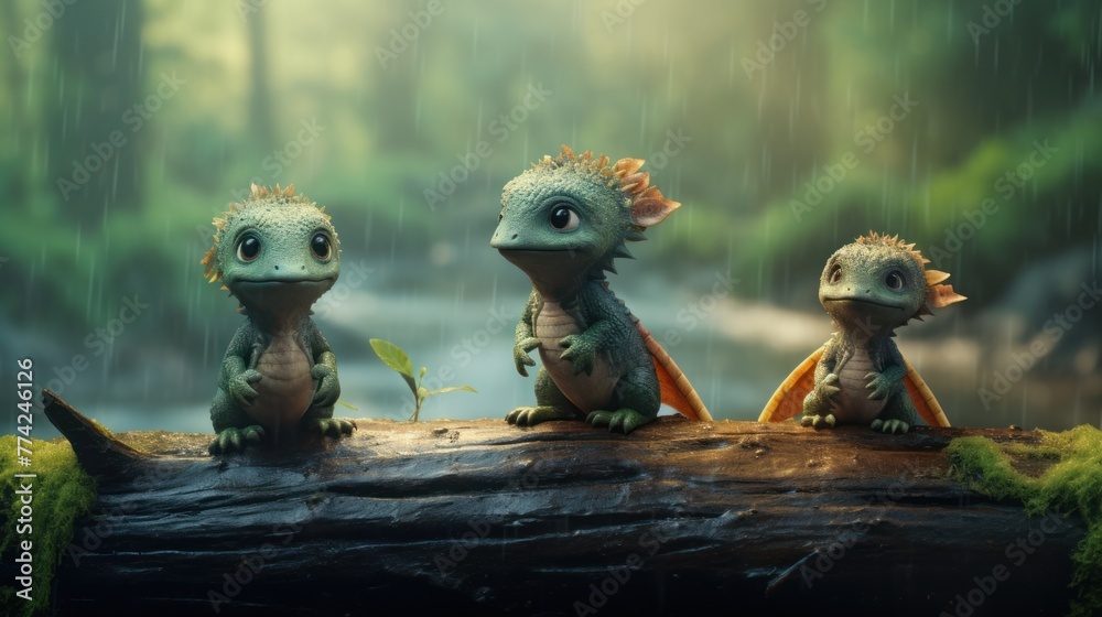 Obraz premium Cute baby dinosaur in prehistoric forest. Photorealistic.