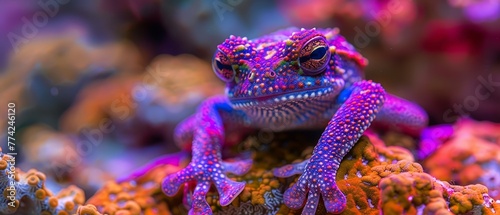   A tight shot of apurple and blue frog perched on a coral, surrounded byother corals in the background photo