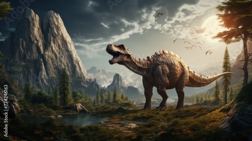 Dinosaur stands in prehistoric environment. Photorealistic. photo