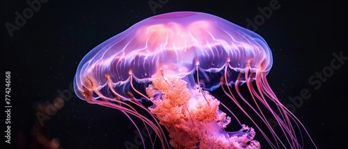  A tight shot of a jellyfish against a black backdrop, its hazy head in focus