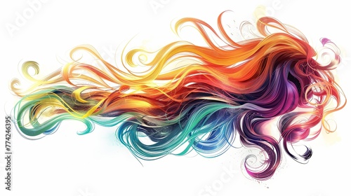 Contemporary hairdressing art, stylistic display of long rainbow hair artistry on white background.