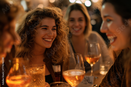 Friends gathered around a table, chatting and laughing while enjoying drinks at a joyous party, creating a warm and lively atmosphere filled with happiness and camaraderie.