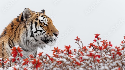   A tiger stands amidst a snow-covered bushfield, where red flowers bloom against the backdrop of a white sky photo