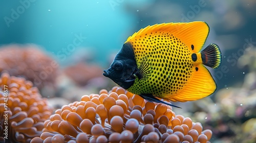  A yellow-and-black fish sits atop an orange-and-white sea anemone