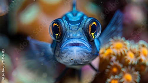  A tight shot of a blue fish with vivid yellow eyes and an orange blossom before a hazy backdrop