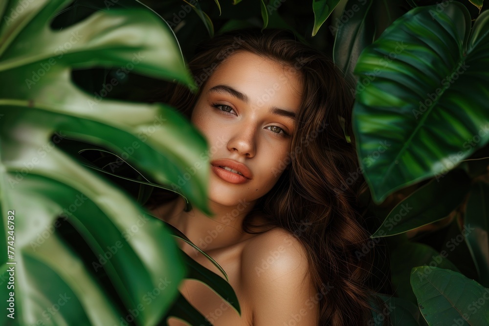 Young woman model posing in green jungle leaves
