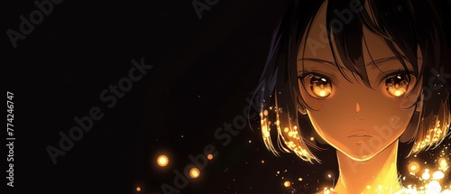   An anime character with radiant eyes and dark hair grips a luminous artifact against a backdrop of darkness photo