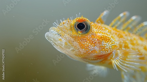  A tight shot of a yellow fish, adorned with bubbles on its body, and exhibiting a distinct black mark on one eyeball