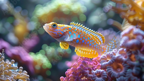  A tight shot of a fish near corals, with numerous corals in the backdrop, and a softly blurred background
