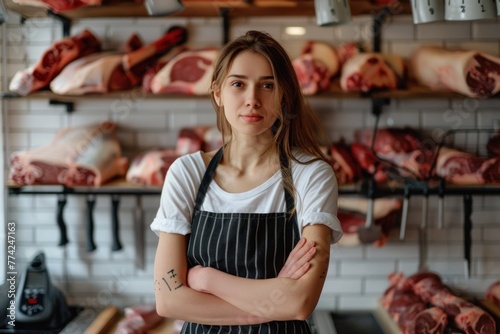 Young woman standing in front of shelves with raw meat. Female butcher working in modern meat shop