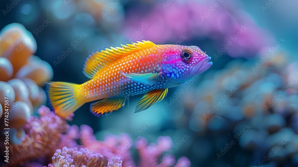 A tight shot of a fish near corals, with corals in the foreground A tight shot of a fish near corals, with corals in the foreground