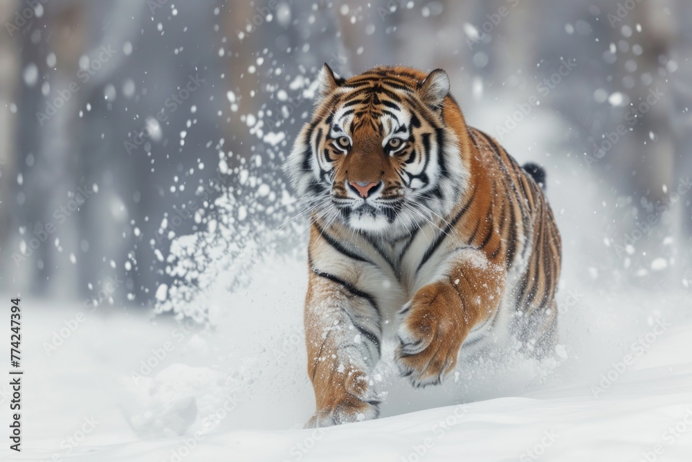 Siberian Tiger running in snow - obrazy, fototapety, plakaty 