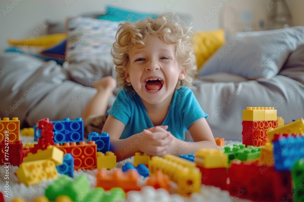 Happy kid having fun playing with toy bricks constructor at home Happy kid having fun playing with toy bricks constructor at home