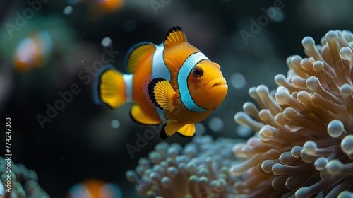  A tight shot of a clownfish near coral, anemones in both foreground and background