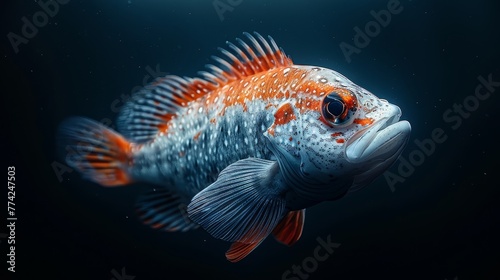  Close-up of a fish in water, water droplets on its body against a black backdrop