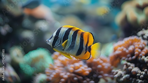   A tight shot of a fish against a backdrop of corals  with corals in the distance  and clear water at the front